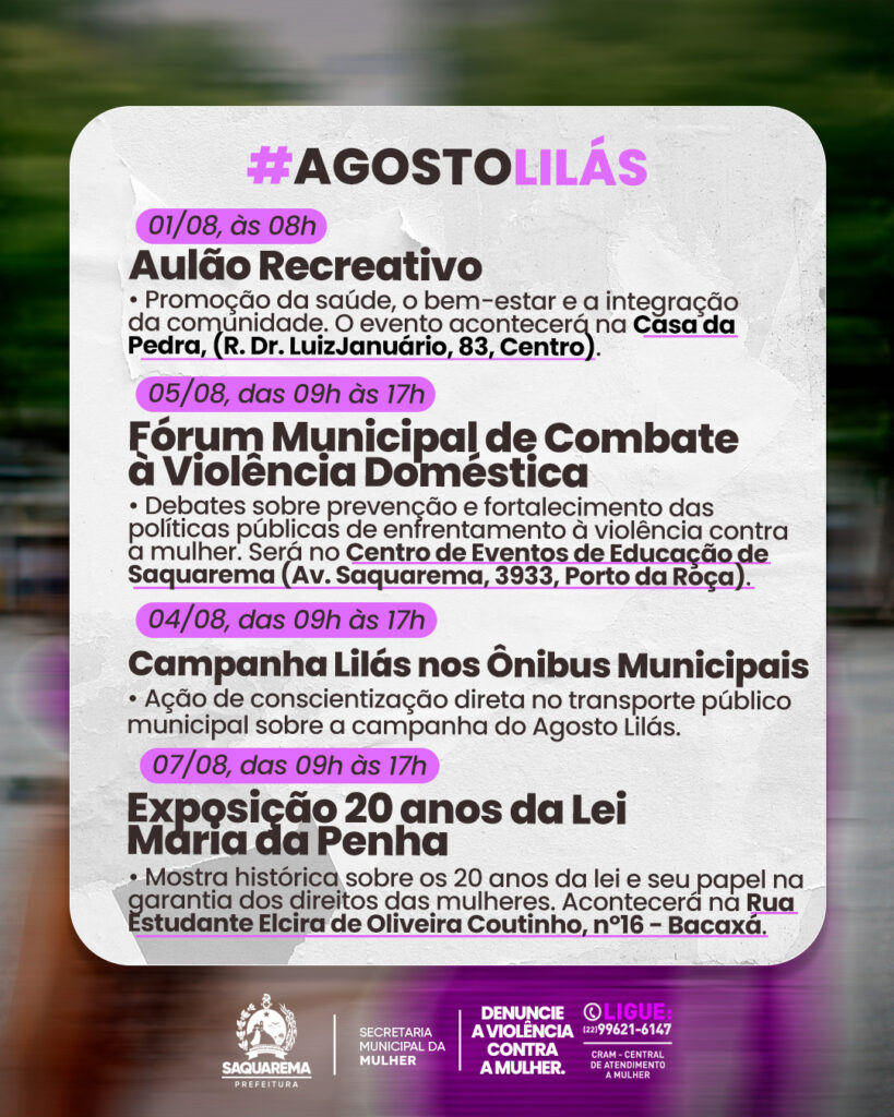 Agosto Lilás: Saquarema prepara mês inteiro de ações pelo enfrentamento à violência contra a mulher 170 Cartaz 2 1 1