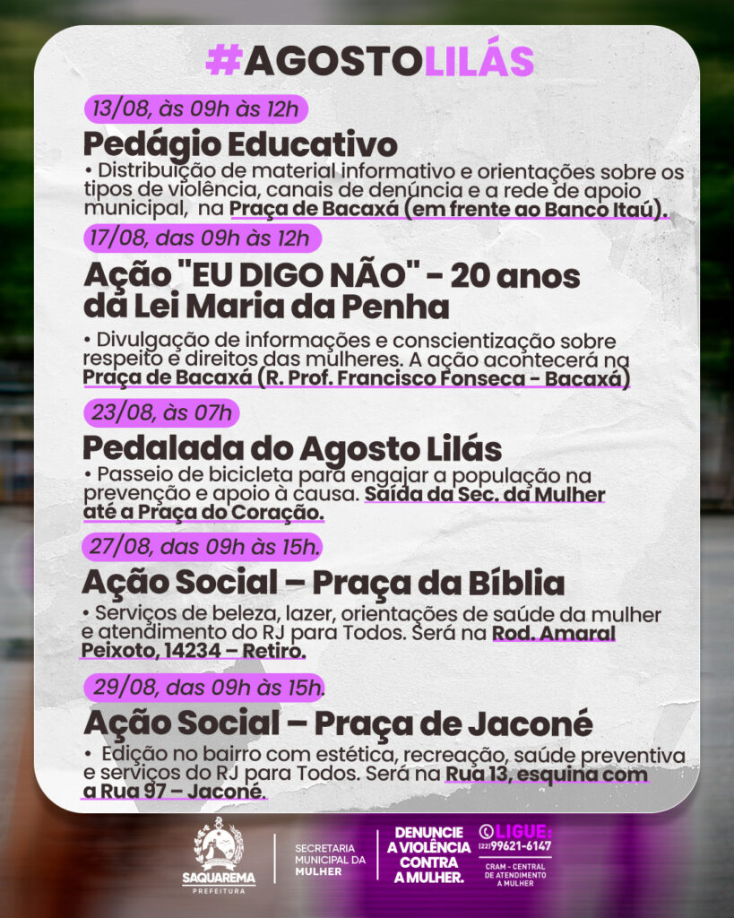 Agosto Lilás: Saquarema prepara mês inteiro de ações pelo enfrentamento à violência contra a mulher 171 Cartaz 3