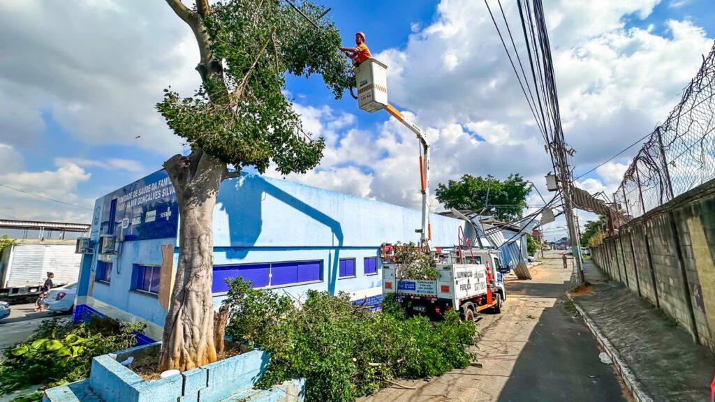 Prefeitura de Meriti realiza mutirão de ações na cidade após ventania 172 foto 3 equipes da defesa civil retirando arvore que dafinicou o telhado da unidade de saude
